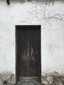门, 白色, 对比, 老, 木材, 入口, 白墙