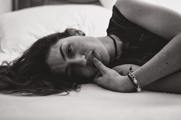 people, woman, bed, sheets, chill, black and white, monochrome