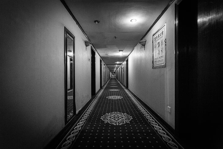 Hotel, mørk, interiør, retro, nat, vintage