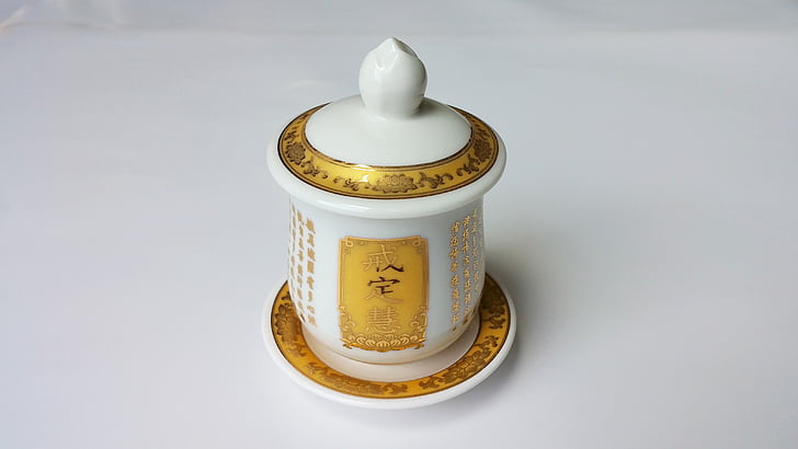 golden, cup, buddhism, offering, altar, chinese, religious