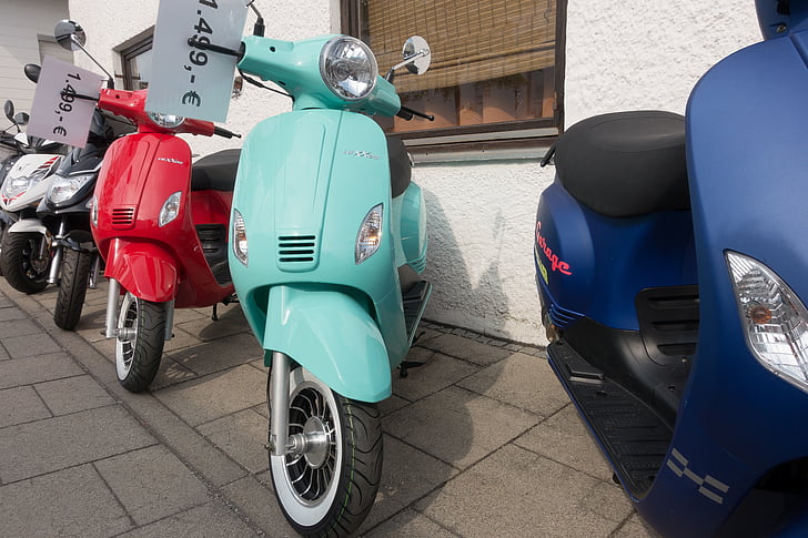 motor scooter, sommer, køreglæde, serien, blå, turkis, rød