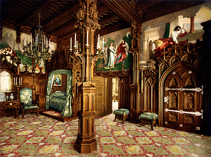 Neuschwanstein, Castello, camera da letto, Baviera, barocco, rinascita di Romanesque, Palazzo