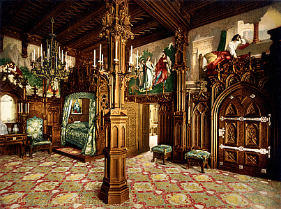 Neuschwanstein, Kale, yatak odası, Bavyera, Barok, Romanesk revival, Sarayı