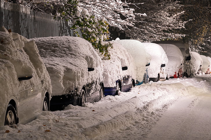 nieve, calle, coches, cubierto, profundo, invierno, frío