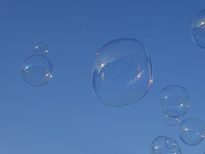 burbulis, ziepju burbuļi, gaisa, ziepjainajā ūdenī, zilas debesis, lai piezvanītu, mirgošana
