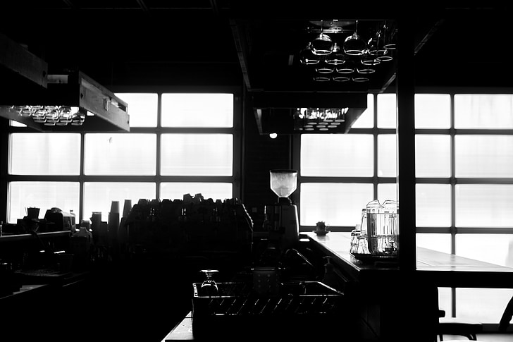 Bar, kacamata, minuman, kendi, hitam dan putih