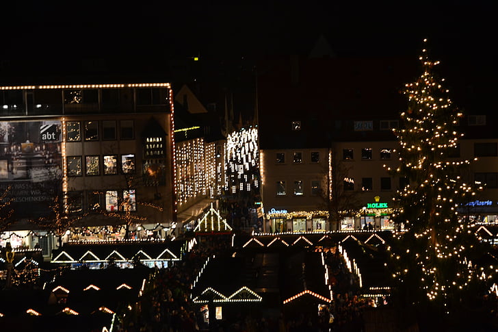 pasar Natal, Ulm, lampu, kedatangan, malam, gelap