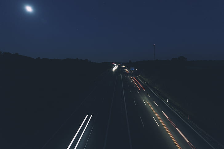 escuro, luzes, longa exposição, à noite, estrada, céu