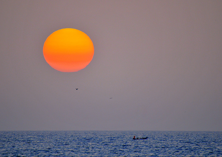 západ slnka, rybári, more, kanoe, Rybolov, Senegal, Sky