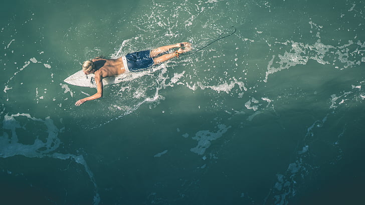 alta, ángulo de, Fotografía, hombre, jugando, de surf, Océano