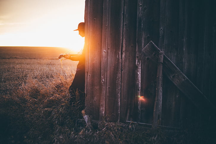 guy, man, sunset, wooden, grass, field, cap