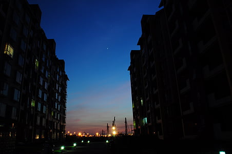 nattevisning, silhuet, stjernehimmel, byggeplads, Kina
