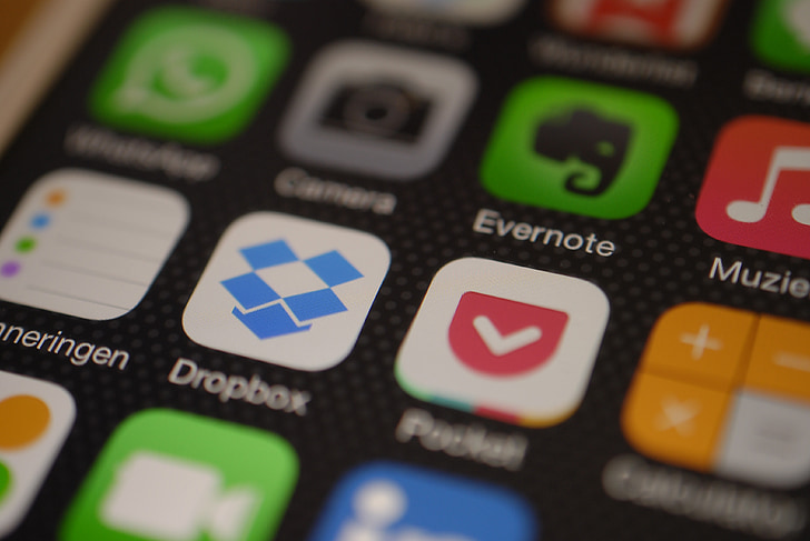iPhone, weergeven, app, Dropbox, Evernote, Facebook, technologie