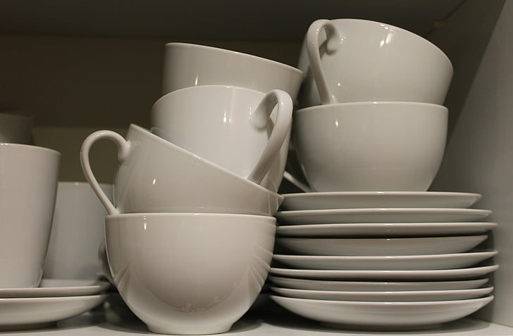 stolní nádobí, t, porcelán, hrnky na kávu, kryt, Kuchyně, bílá