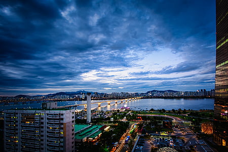 Seoel, yeoido, hemel, wolk, Korea, Han-rivier, nacht