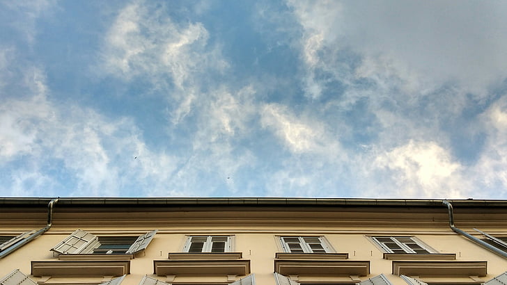 fachada, cielo, nubes, filamentos de