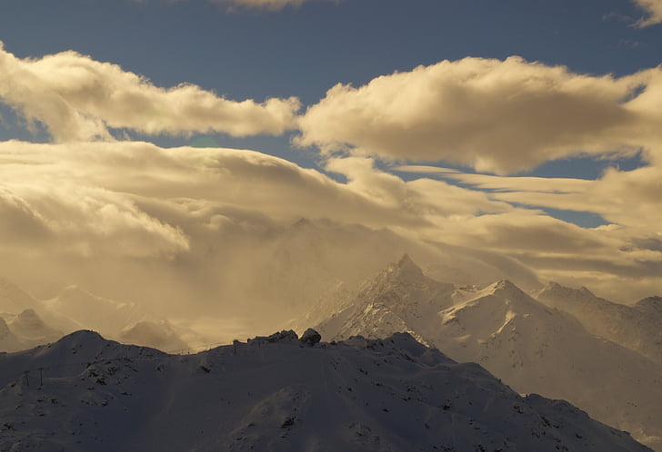 mountains, clouds, the top of the mountain, snow-capped peaks, height, vertices, mountain landscape