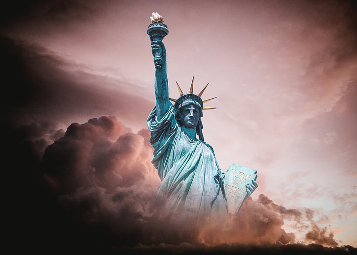 statue of liberty, turmoil, political, clouds, liberty enlightening the world, torch, flame