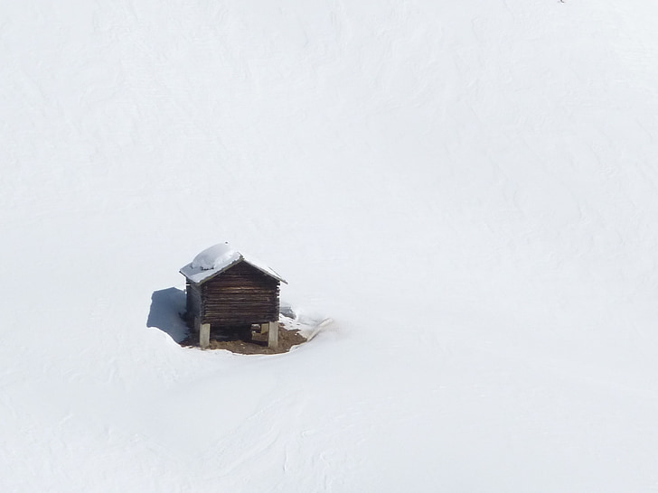hut, snow, winter, barn, heustadel, dolomites, alpine