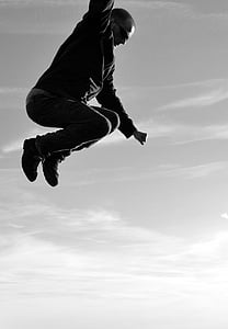 man, jump, jumping, flying, black and white, sky, high