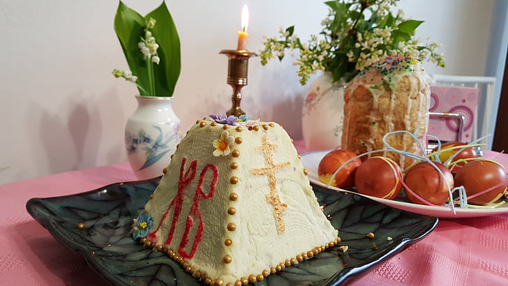 Pasqua, torta di Pasqua, candela, tavolo, uova, Cristo è risorto, cibo