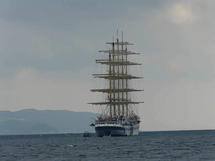 sailing vessel, sea, ship, water, sky, clouds, sail