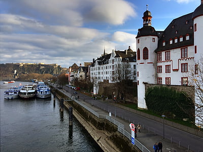 Koblenz, Altstadt, város, Mosel, nyári, hajók, Moselle