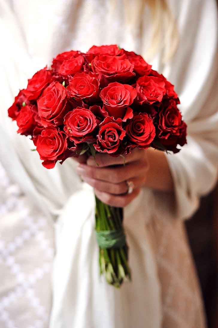 wedding, bride, bouquet, red, white