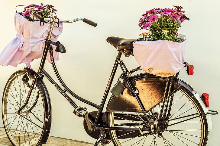 fiets, bloemen, mand, fiets, Vintage, Retro, lente