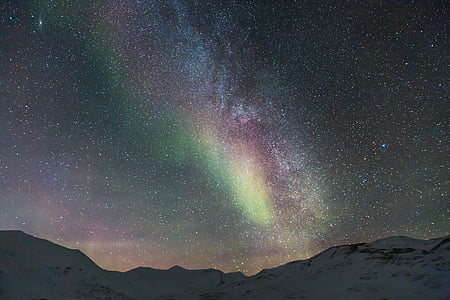 galaxy, northen lights, auroras, arctic, snow, longyearbyen, light phenomenon