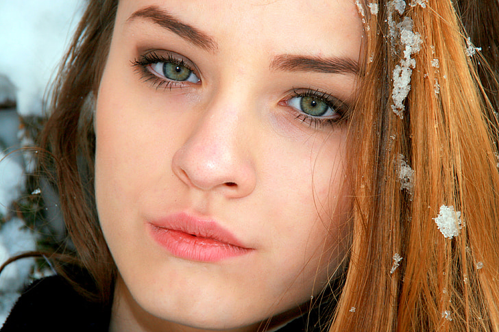menina, retrato, olhos verdes, loira, neve, Inverno, mulheres