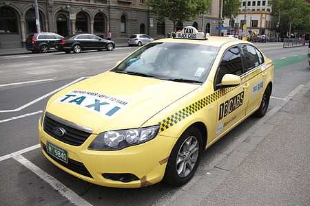 taksi, automobilių, geltona, policijos pajėgos, gatvė, transportas, miesto arenoje