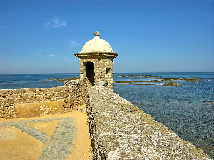 zee, Fort, water, Wallen, Spanje, Cadiz