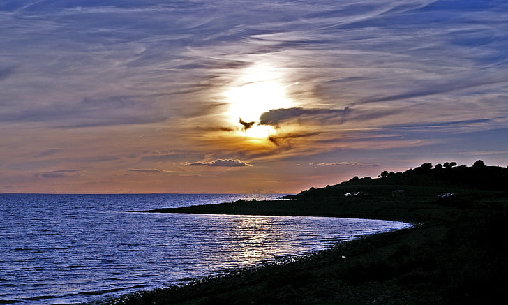 solnedgang, Danmark, sjøen, Østersjøen, kysten, vann, natur