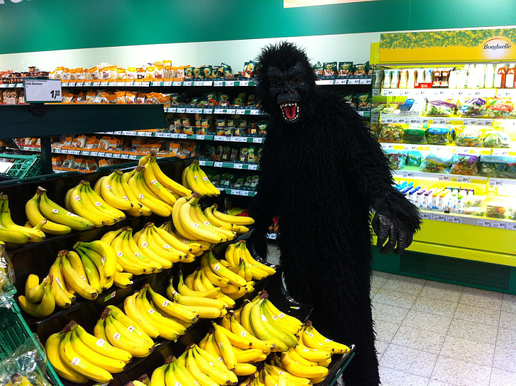 maimuta, banane, costum, supermarket