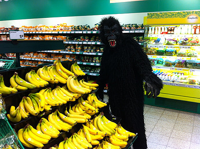 mono, plátano, traje, supermercado