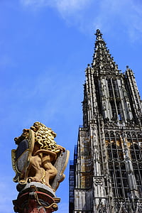 lion fountain, fountain, cathedral square, ulmer, münster, building, architecture