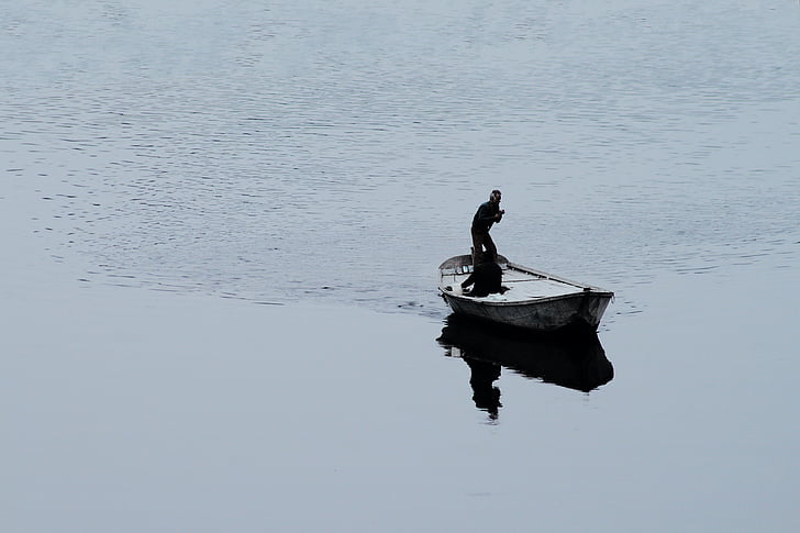 barco, nadar, homem, travessia, Rio, água, reflexão