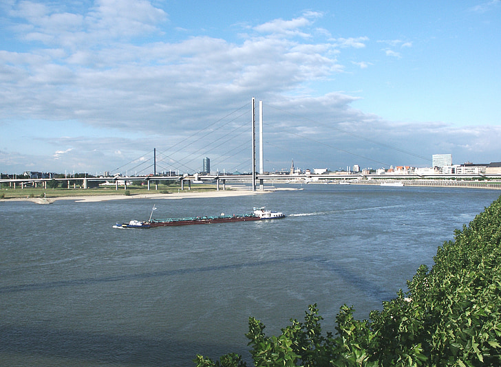 Rajna, vode, brod, viseći most, most, Düsseldorf, koljeno mosta