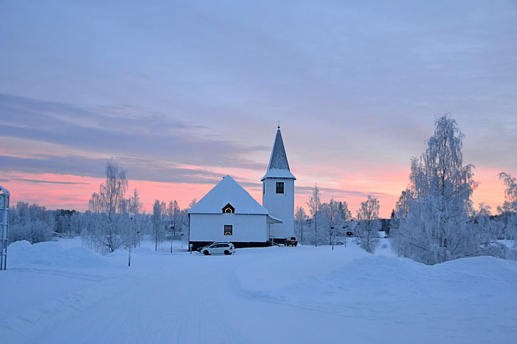 lappland Swedia, Gereja, Natal, musim dingin, salju, musim dingin, suhu dingin