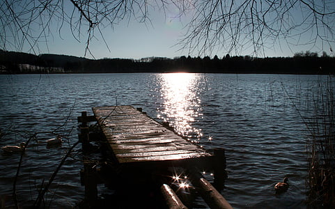 paseo marítimo, puesta de sol, Lago, Burgäschisee, agua, muelle, aguas