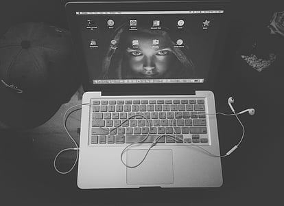 black and white, apple, laptop, music, still, headphones, computer