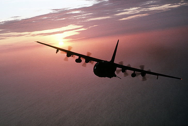 silhueta de aeronaves, carga, militar, AC-130, Hercules, voando, voo