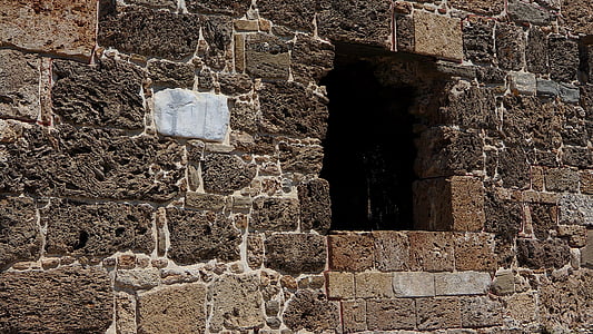 lubang jendela, kontras, batu bata, rumah, dinding, struktur, rumah tua