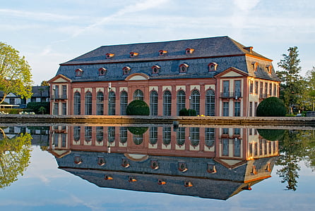 Darmstadt, Hesse, Německo, oranžerie, zahrada, hrad, voda