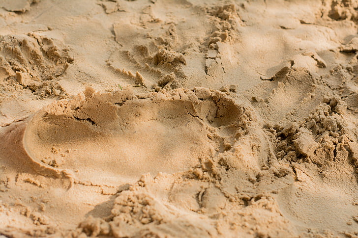 areia, pegada, traços, impressão, a taxa de, praia, com os pés descalços