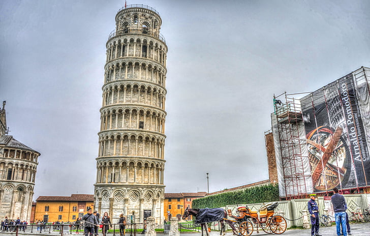 leaning tower of pisa, italy, tuscany, pisa, horse and buggy, statue, landscape