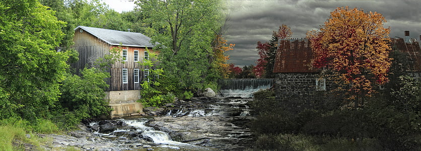 krajolik, ljeto, jesen, boje, mlin, stabla, Québec