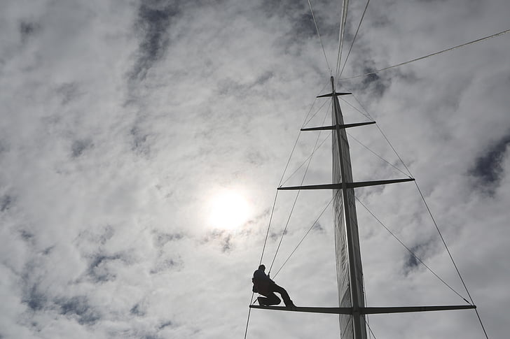 mast, sailboat, sailing, clouds, cloudy, sky, sun