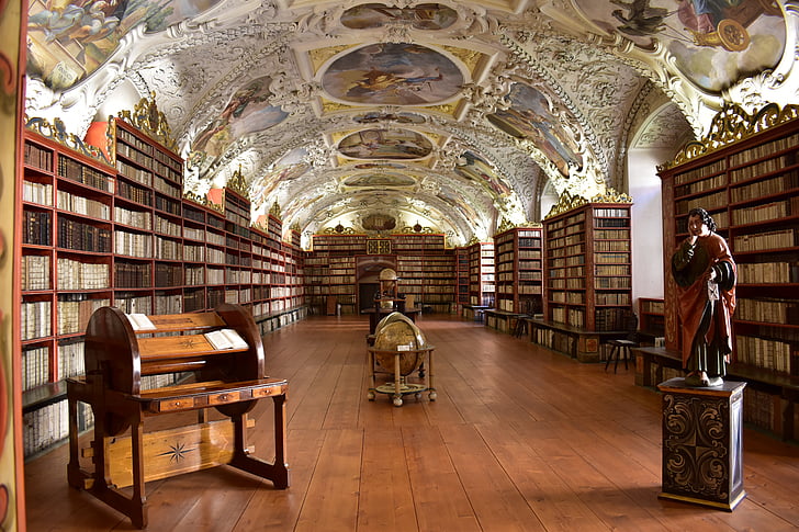 library, historical, fresco, light, globe, prague, building